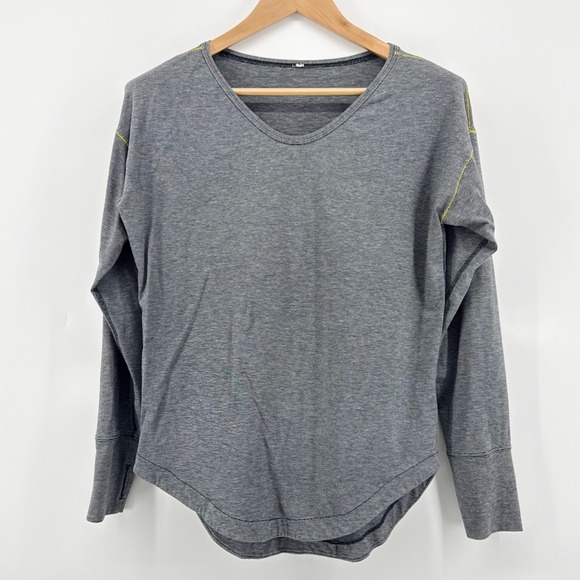 Lululemon Pinstripe Gray Long Sleeve Top Thumb Hole V Neck Athletic XL - Picture 1 of 8